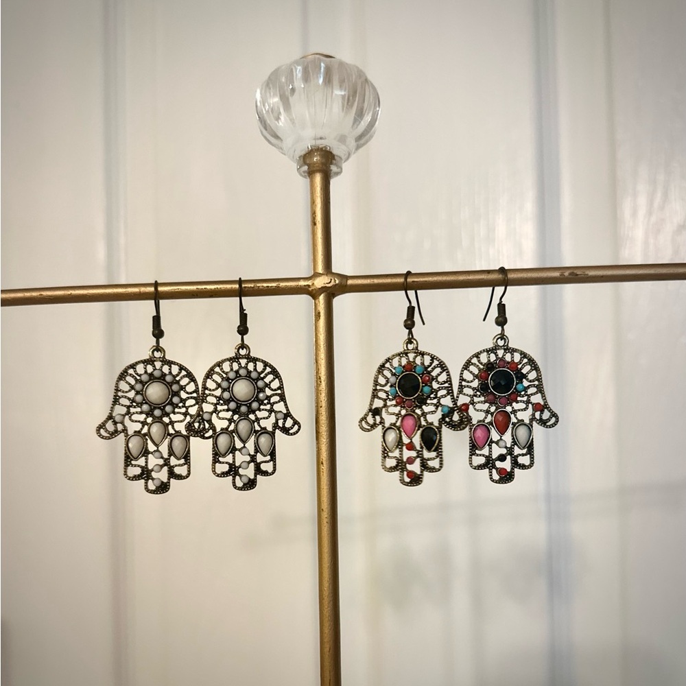Set of 2 Pairs - Elegant Hamsa Hand Earrings - White & Cream/ Multi Color